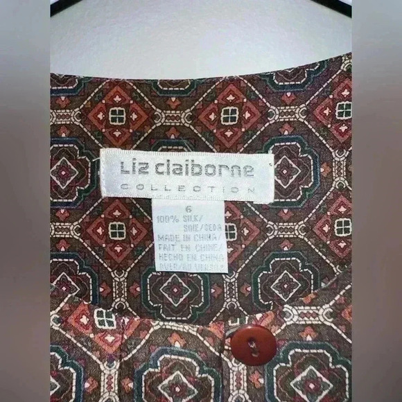 EVC | Vintage Liz Claiborne Silk Blouse | Women’s Size 6 | Brown Geometric - Picture 3 of 7